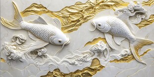 双鲤戏浪浮雕艺术作品