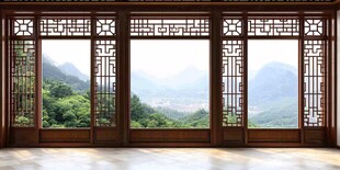 中式木窗揽青山美景