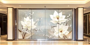 中式玉兰花艺术玻璃屏风