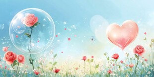 浪漫花海中的爱心与玫瑰