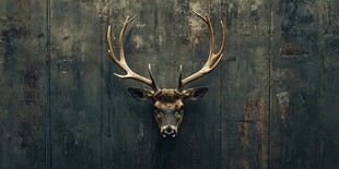 鹿头标本挂于古朴木墙