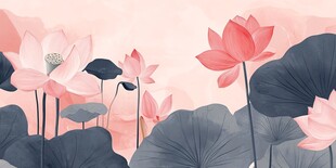 粉色荷花荷叶梦幻插画