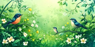 春日林间双鸟与繁花