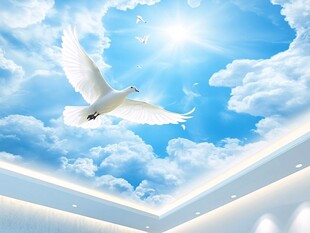 天空白鸽天花板艺术图景