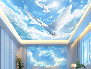 天空白鸽天花板壁画效果图