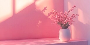 粉色墙边的精致花瓶插花
