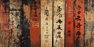 古旧木板上的中式书法文字