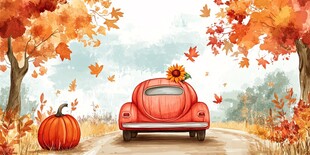 秋日公路上的复古车与南瓜