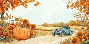 秋日田野中的复古汽车之旅