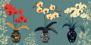 三盆兰花插于古风花瓶中