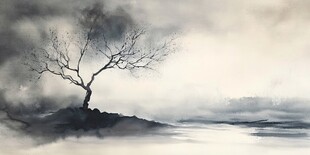 水墨孤树 天地苍茫意境图