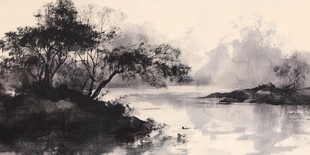 水墨山水间的静谧河岸