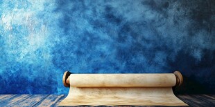 古卷置于蓝墙木桌之上