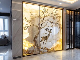 奢华客厅中式树鹿艺术背景墙