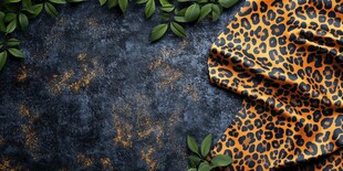 豹纹布料搭配绿叶背景