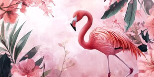 粉色火烈鸟置身烂漫花丛