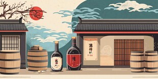 日式酒馆前的美酒与风景