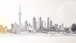 上海城市天际线水墨风图景