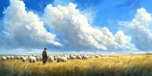 牧人于旷野间牧羊之景