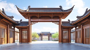 中式古典木质门楼建筑