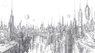 未来科幻都市景观线条画