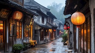 古巷烟雨时 灯笼映旧街