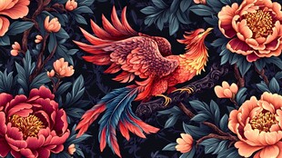 凤凰栖于牡丹花丛间