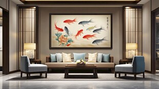 中式客厅挂九鱼图显雅致