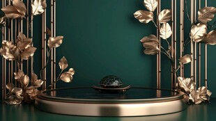 绿幕前的金色装饰与摆件