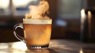 热气腾腾的透明杯装咖啡