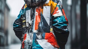 多彩拼接羽绒服背影