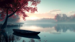 湖畔孤舟 红叶映晨景