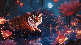 月夜下的老虎与绚烂花灯