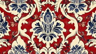 复古红底蓝白花卉装饰图案