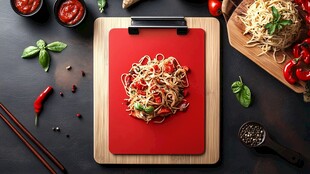 红色砧板上的美味意大利面