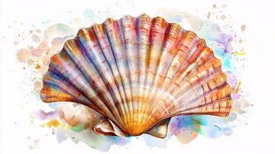 水彩绘多彩扇贝贝壳图案