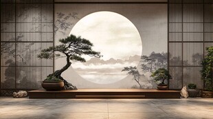 中式禅意室内松景与月幕