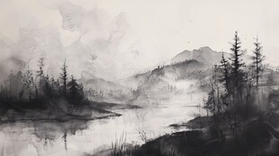 水墨山林间的静谧湖泊