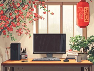 中式风电脑桌前的新春景致