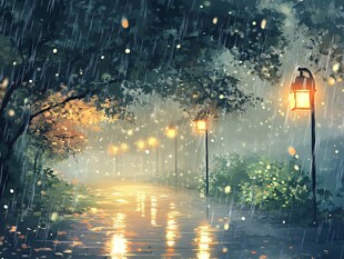 雨夜幽径 暖灯与雨的诗意邂逅