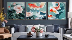 中式客厅三幅锦鲤荷花挂画