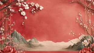 中式红底花卉山水背景图