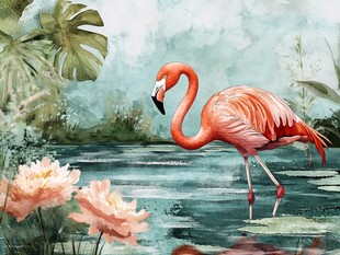 水中火烈鸟与热带花卉