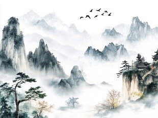 水墨山水间飞鸟绕峰景