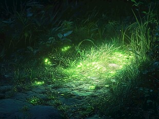夜中萤光闪烁于幽径草丛