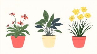 三盆可爱盆栽插画展示