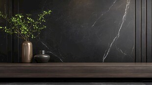 黑色大理石墙面与绿植摆件