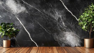 黑色大理石墙面与绿植