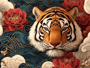 虎啸繁花间 国风祥瑞图