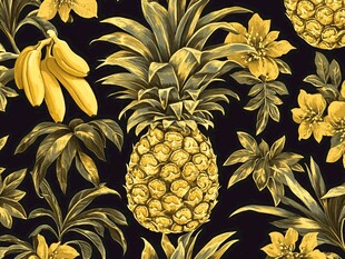 热带水果花卉黑色背景图案